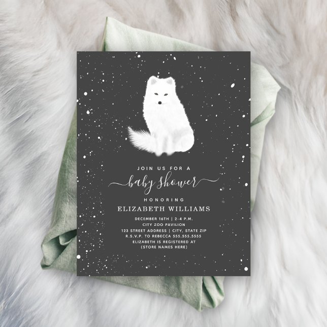 Arctic Fox Neutral Dark Grey Winter Baby Shower Invitation (Creator Uploaded)