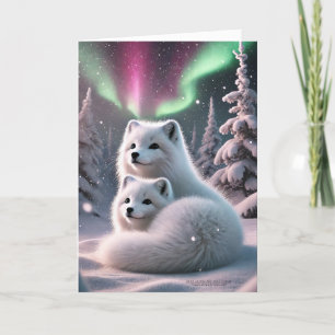 Arctic Fox Pair Aurora Borealis Wintery Woodland Holiday Card