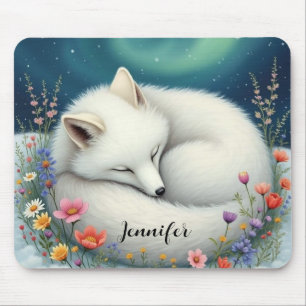 Arctic Fox Sleeping in wild flowers Personalised Mouse Pad
