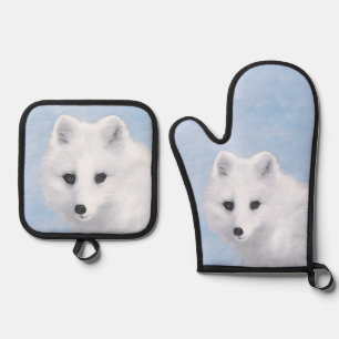 Arctic Fox Winter Painting Original Wildlife Art Oven Mitt & Pot Holder Set