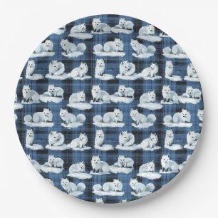 Arctic Foxes Winter Christmas Tartan Plaid Pattern Paper Plate