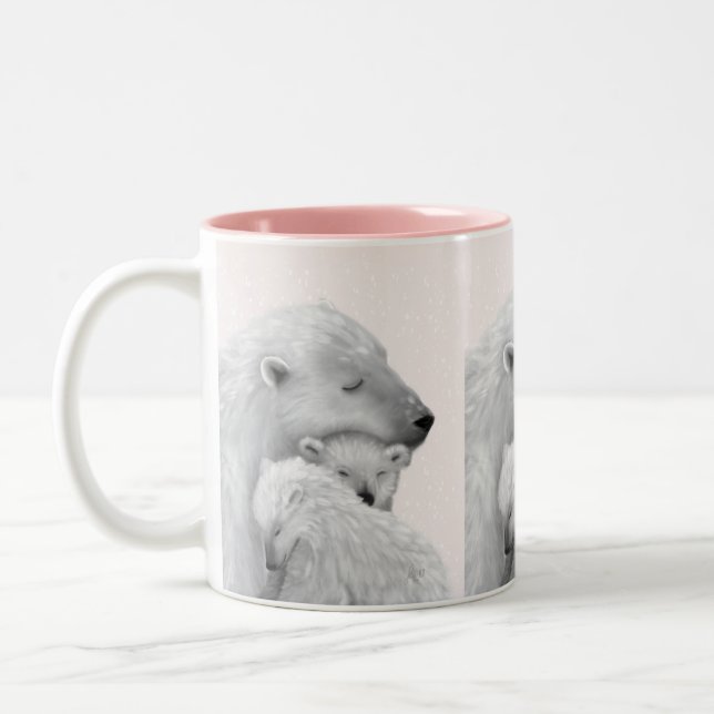Arctic Love: Polar Bear Family in Pink Hues Two-Tone Coffee Mug (Left)