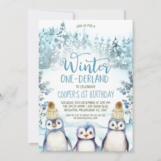Arctic Penguins Winter Onederland Birthday Invitation (Front)