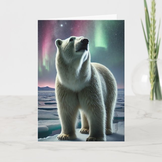 Arctic Polar Bear Aurora Borealis Northern Lights Holiday Card (Front)