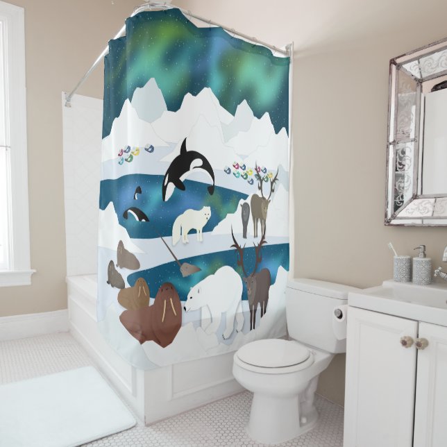 Arctic Polar Bear Reindeer Walrus Orca Narwhal Fox Shower Curtain (In Situ)