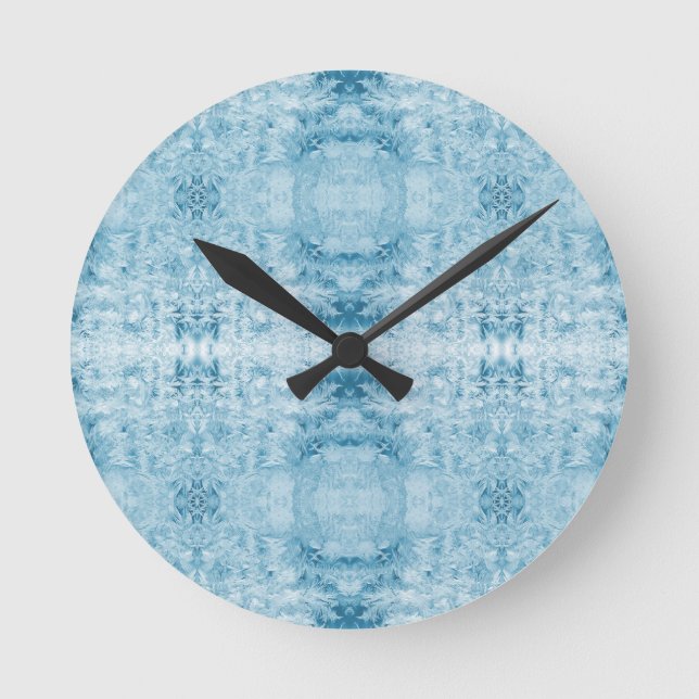 Arctic Pulse | Blue & White Feather Pattern Round Clock (Front)