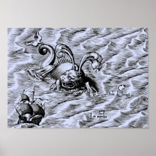 Arctic Sea Monster and Sailing Ship Blue World Map Poster