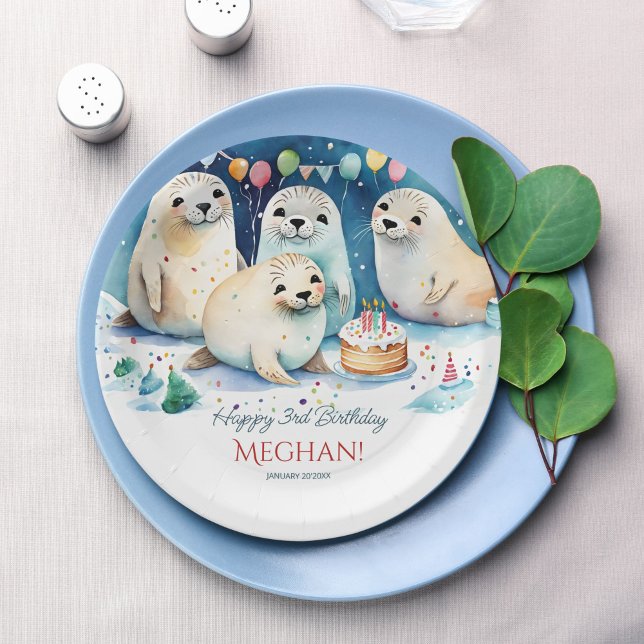 Arctic seal winter birthday personalised template paper plate (Arctic seal winter wonderland birthday party personalized template paper plates table decor)