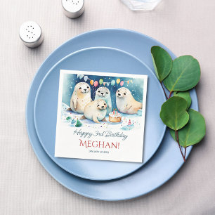 Arctic seal winter birthday personalized template napkin