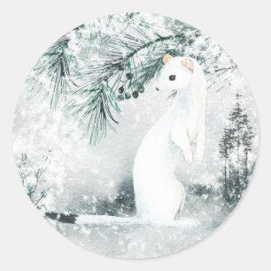 Arctic White Ermine Blustering Winter Woodland Classic Round Sticker