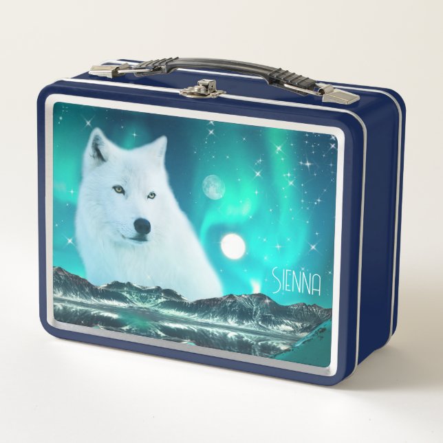 Arctic wolf and magical night Personalized Metal Lunch Box (Front)