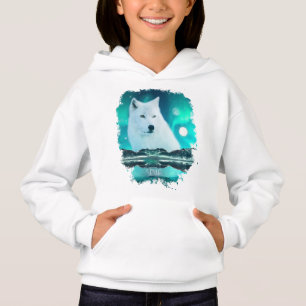 Arctic wolf and magical night with northern lights