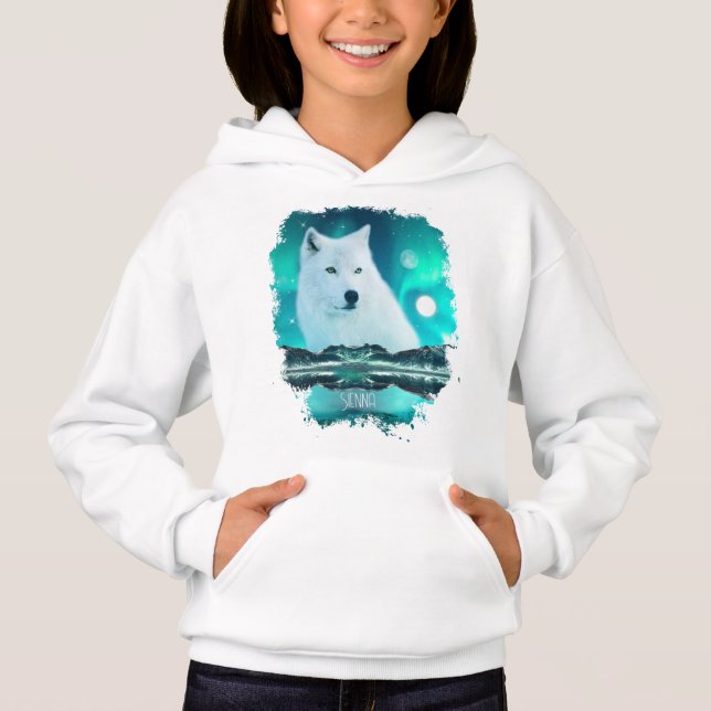 Arctic wolf and magical night with northern lights (Front)