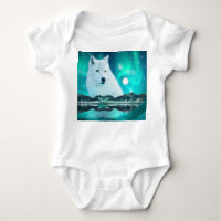 Arctic wolf and magical night with northern lights