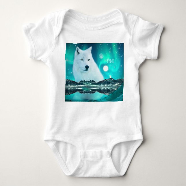 Arctic wolf and magical night with northern lights baby bodysuit (Front)