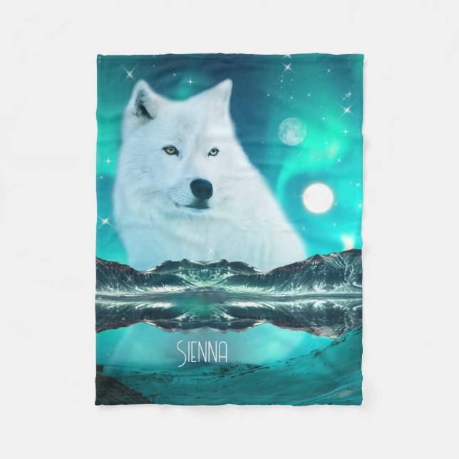 Arctic wolf and magical night with northern lights fleece blanket (Front)