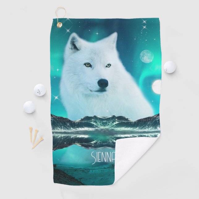 Arctic wolf and magical night with northern lights golf towel (InSitu)
