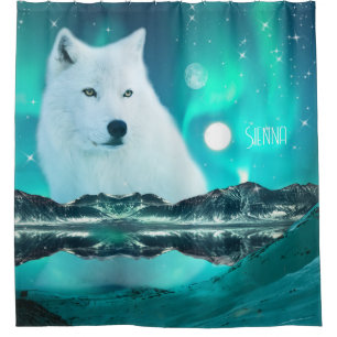 Arctic wolf and magical night with northern lights shower curtain