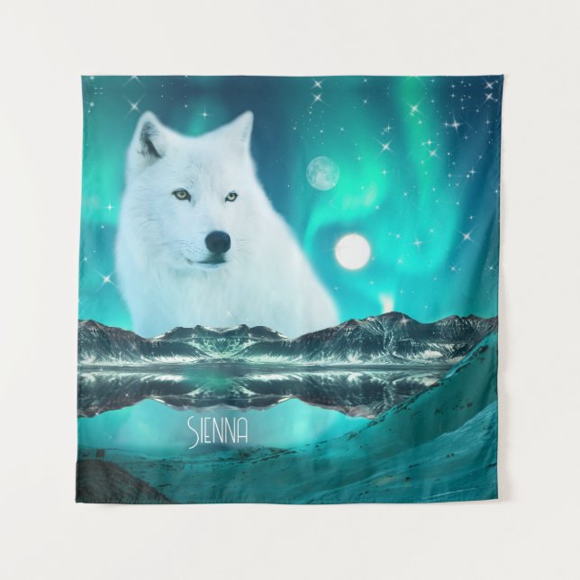 Arctic wolf and magical night with northern lights tapestry (Front)