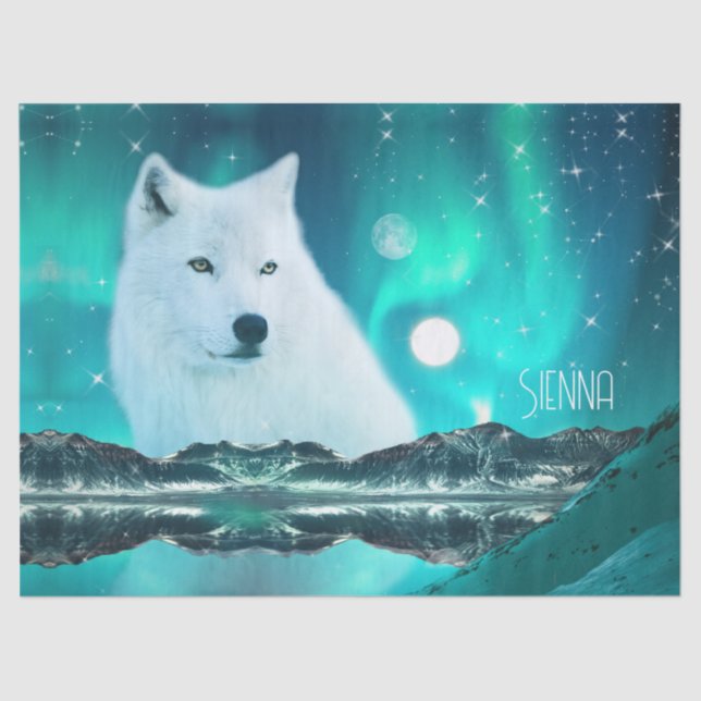 Arctic wolf and magical night with northern lights tissue paper (Front)