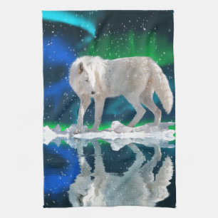 Arctic Wolf, Aurora & Falling Snow Wildlife Art Tea Towel