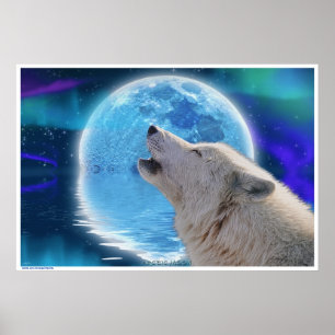 Arctic Wolf Howling at Aurora & Moon Wildlife Art Poster