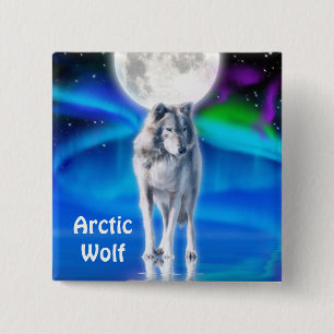 Arctic Wolf, Moon & Aurora Wildlife Button