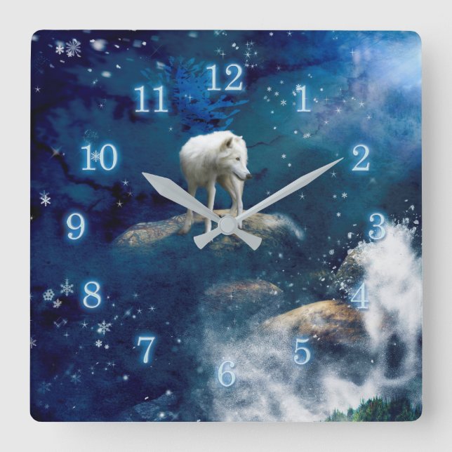 ARCTIC WOLF MOON STRIDER SQUARE WALL CLOCK (Front)
