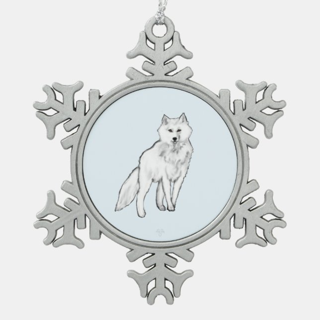 Arctic Wolf Photo-Realistic Digital Airbrush Art Snowflake Pewter Christmas Ornament (Front)