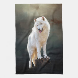 Arctic wolf tea towel