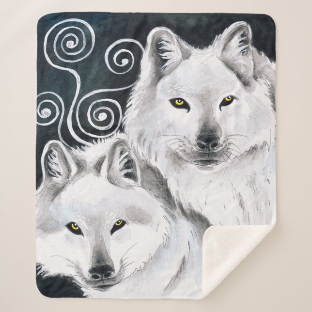 Arctic Wolves Watercolor Sherpa Blanket (Front)