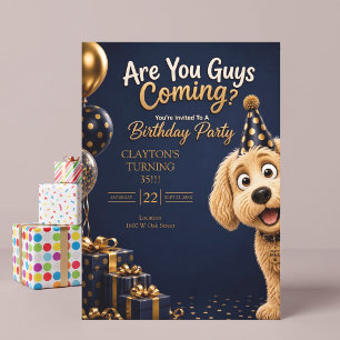 Are You Guys Coming? Funny Dog Blue Birthday Party Invitation