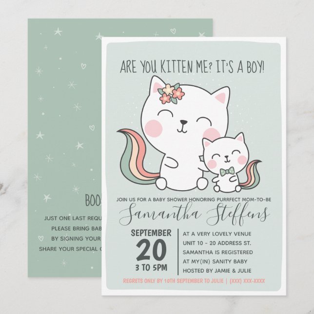 Are You Kitten Me Cute Green Cat Boy Baby Shower Invitation (Front/Back)