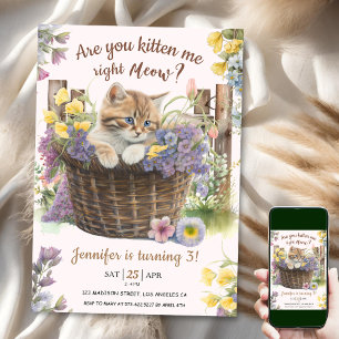 Are You Kitten Me Floral Pink Cat 3rd Birthday Invitation