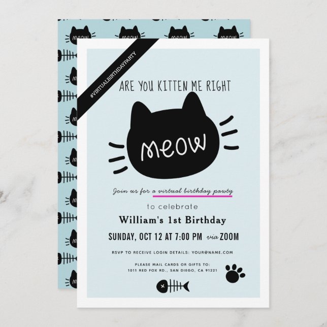 Are You Kitten Me Right Meow Blue Virtual BIrthday Invitation (Front/Back)