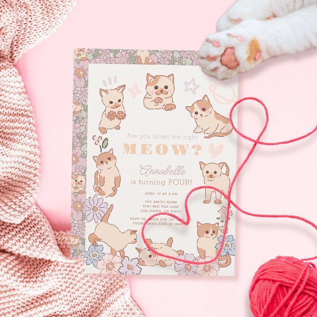 Are You Kitten Me Right Meow Floral Birthday Invitation (Creator Uploaded)