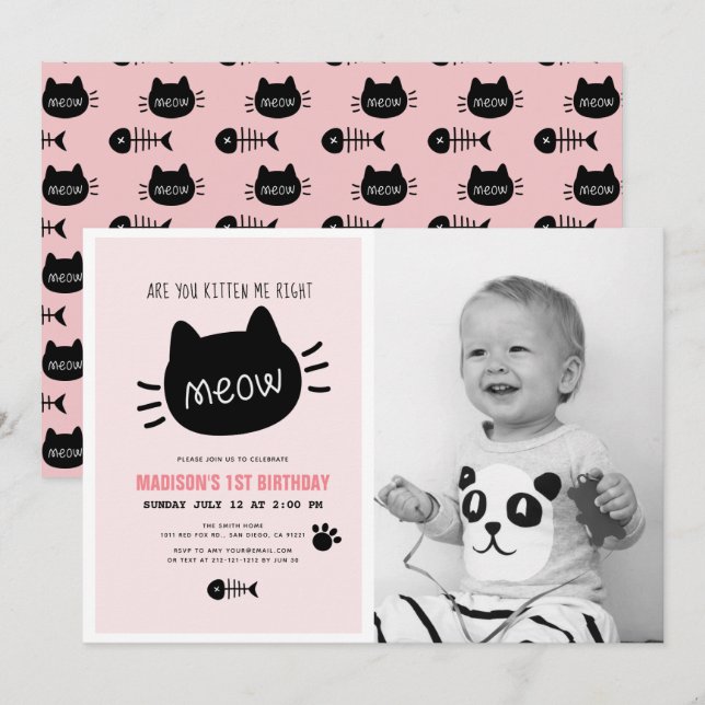 Are You Kitten Me Right Meow Pink BIrthday Photo Invitation (Front/Back)