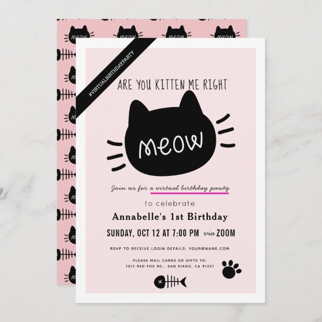 Are You Kitten Me Right Meow Pink Virtual BIrthday Invitation (Front/Back)