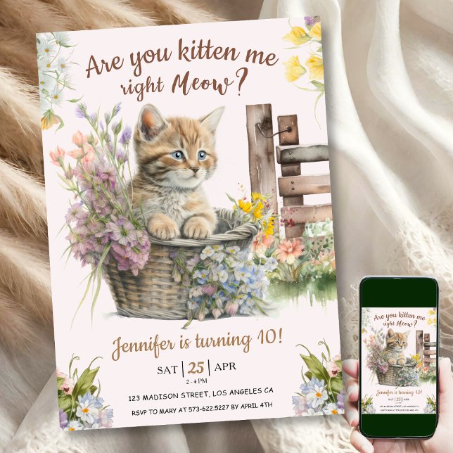 Are You Kitten Me Right Now Girl 10th Birthday  Invitation (Creator Uploaded)