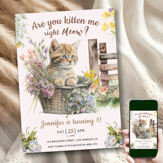 Are You Kitten Me Right Now Girl Cat 1st Birthday  Invitation (Creator Uploaded)