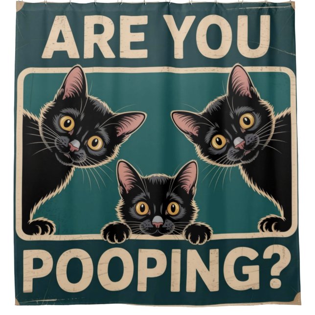 "Are You Pooping?" Funny Black Cats Shower Curtain (Front)