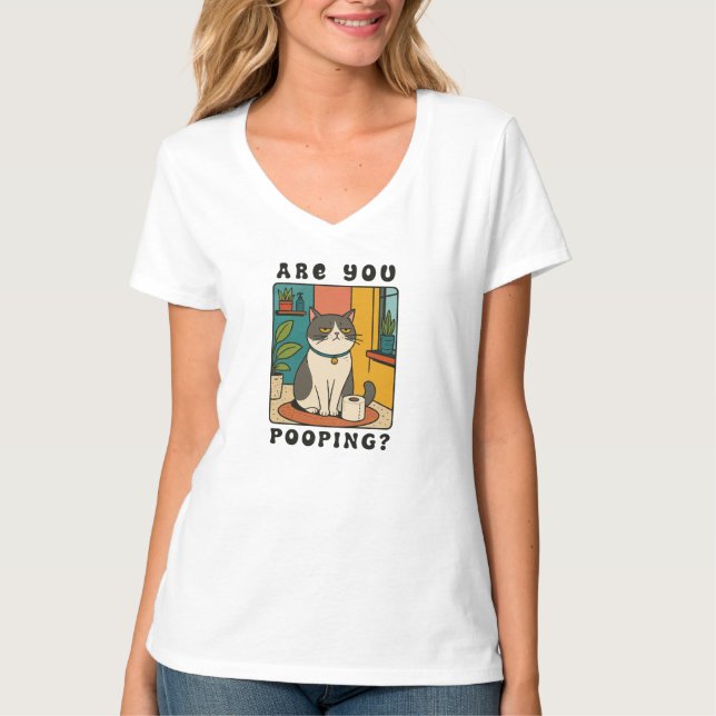 Are You Pooping Funny Grumpy Cat Bathroom Sign Ret T-Shirt (Front)