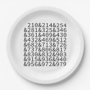 Area Codes Texas Paper Plate