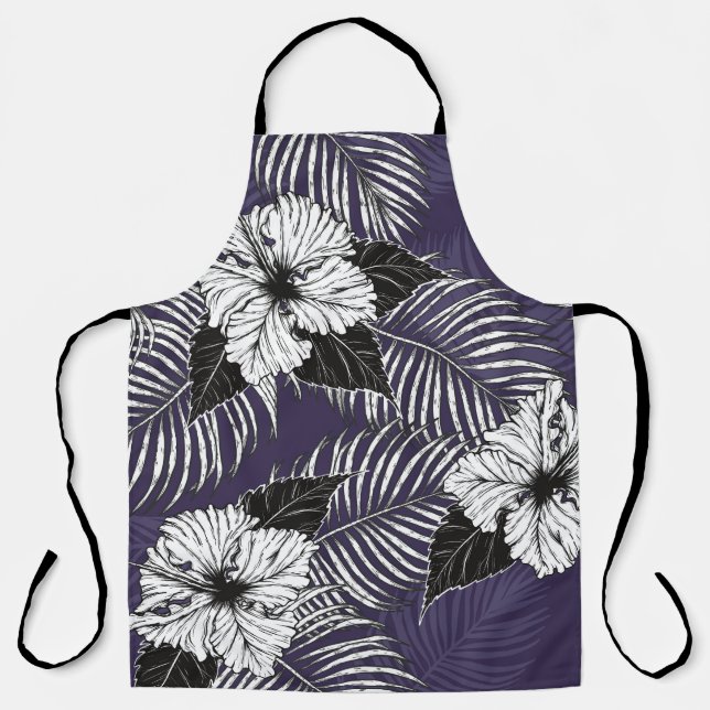 Areca palm, hibiscus sketch: vintage pattern apron (Front)