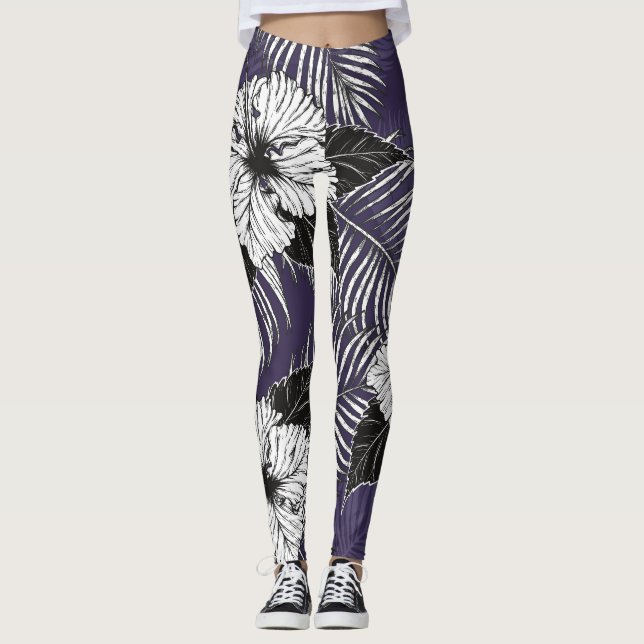 Areca palm, hibiscus sketch: vintage pattern leggings (Front)