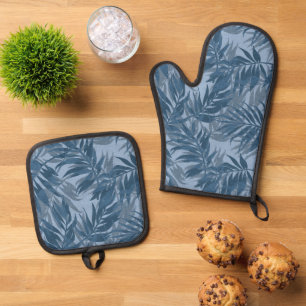 Areca Palms Hawaiian Tropical Vintage Indigo Oven Mitt & Pot Holder Set