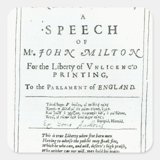Areopagitica'  a speech of John Milton Square Sticker (Front)