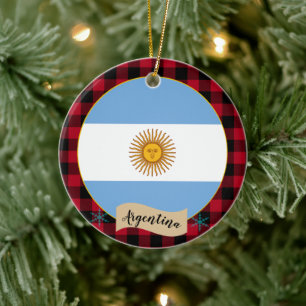 Argentina, Red buffalo plaid & Argentina Flag Ceramic Tree Decoration
