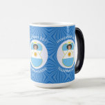 Argentine Flag Hanukkah Angel Personalised  Magic Mug<br><div class="desc">Magic morphing mug features an Argentine Flag Angel, dressed in the flag of Argentina, inside a white, fractal circle of squiggly squares. The circle is on a blue fractal background of squiggly squares. Add a name, holiday, and year to personalise your mug as a gift or to add to your...</div>