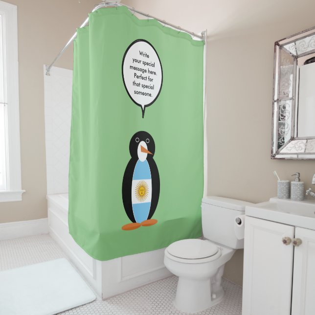 Argentine Flag Talking Ms Penguin Personalised Shower Curtain (In Situ)